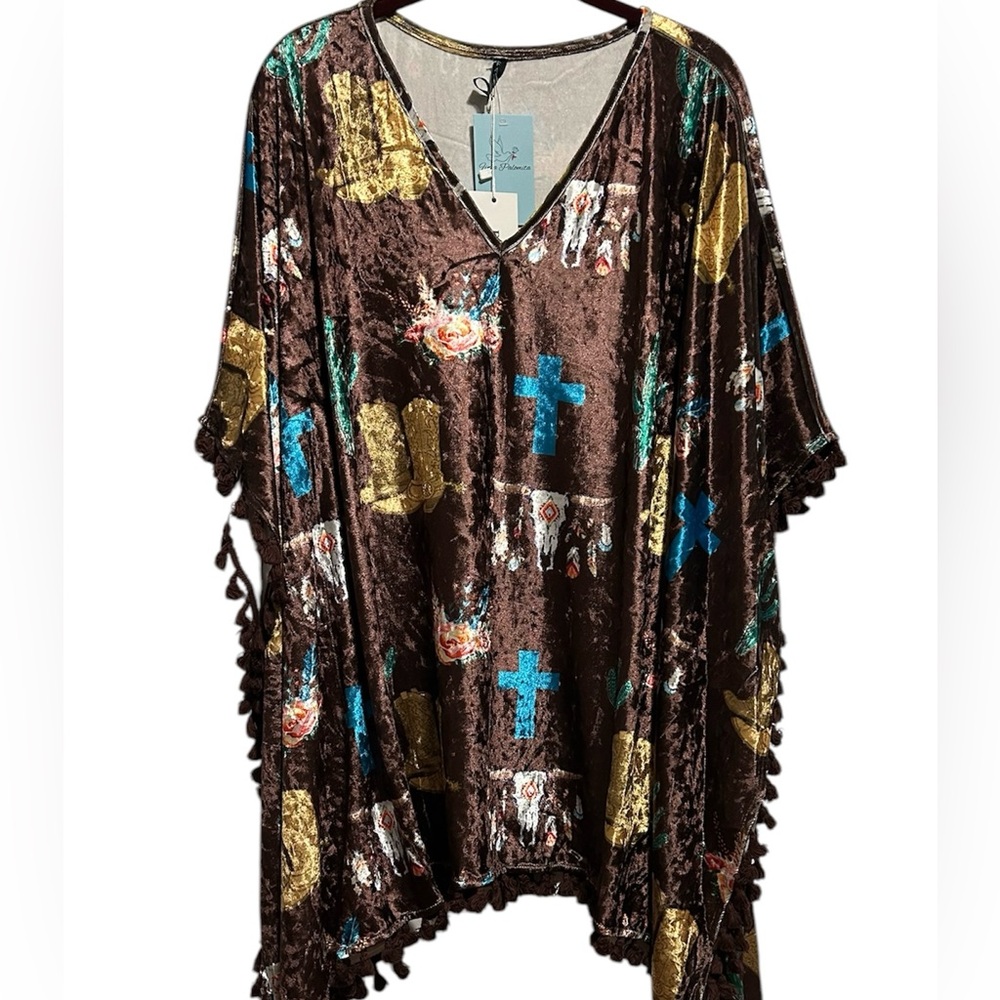 NWT Fashion U Brown Crushed Velvet Western Poncho With Tassels